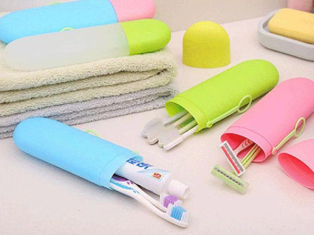 Toothbrushes, toothpaste, and shavers in travel containers
